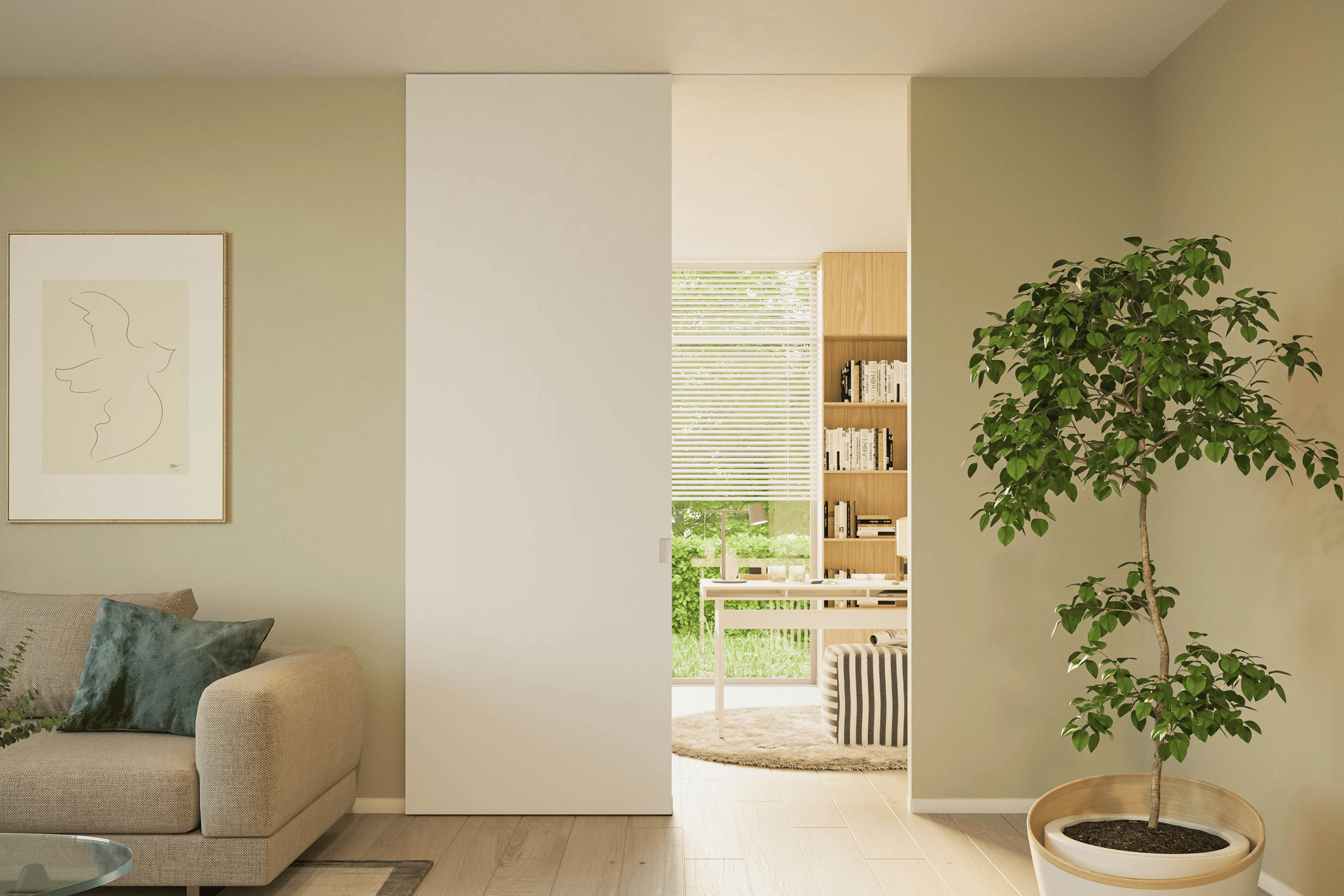 Witte houten schuifdeur met nieuwste deurbeslag van Arlu (Xperta)