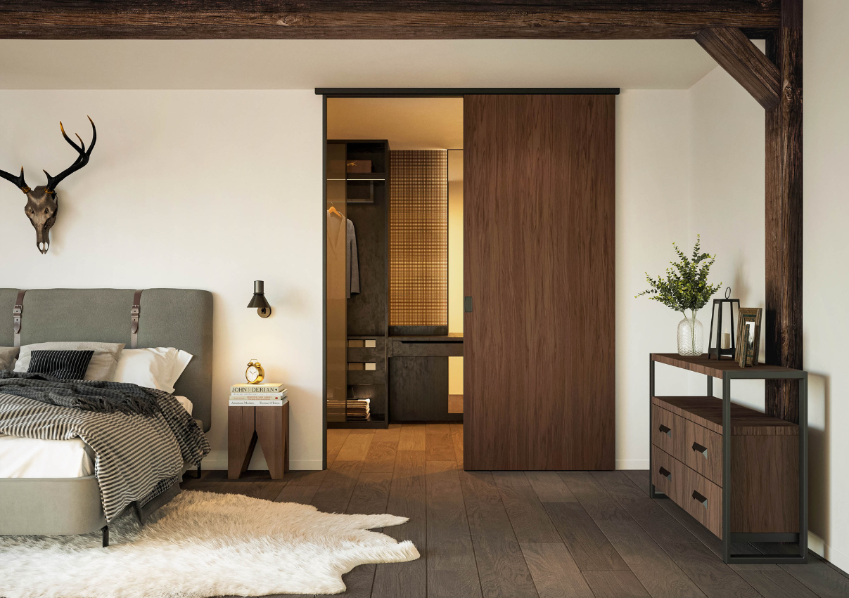 Een moderne slaapkamer met een open houten schuifdeur naar een aangrenzende kamer