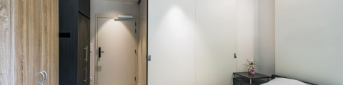 Schuifdeurbeslag in hoekopstelling maakt het mogelijk om badkamer af te sluiten zonder in te perken op toegankelijkheid bij een woonzorgcentrum
