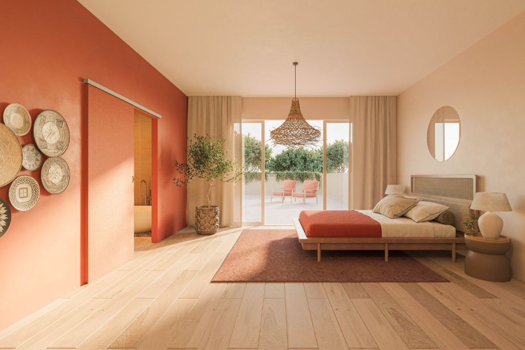 Een moderne slaapkamer met een open houten schuifdeur naar een aangrenzende kamer