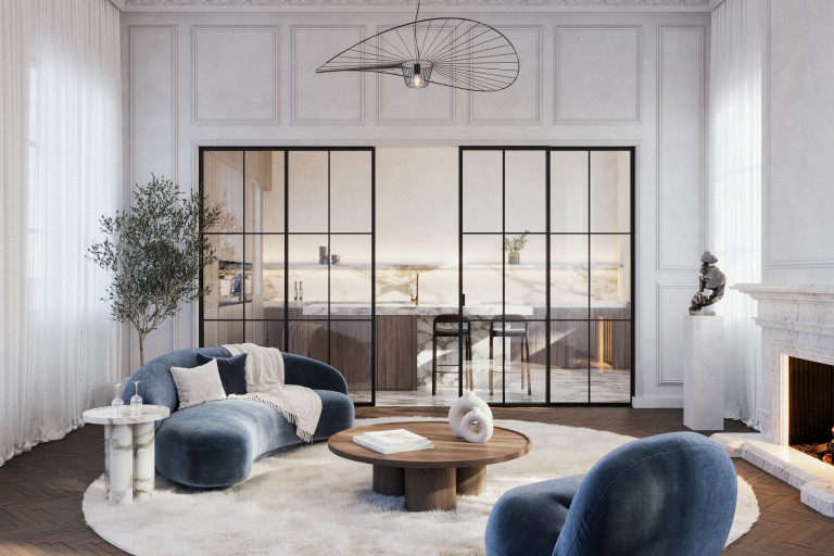 Zwarte enkele glazen schuifdeur met vaste glazen scheidingswand in steellook (divina by ARLU)